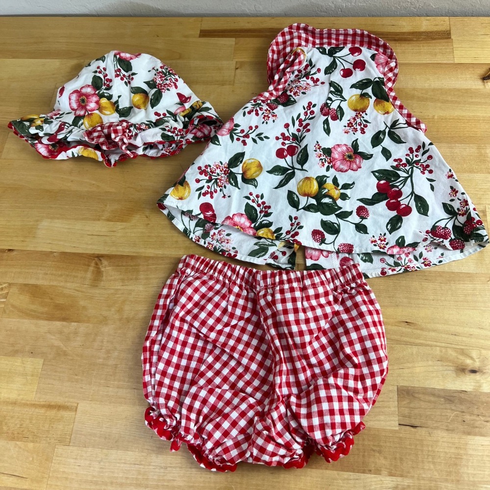L.A. Baby Outfit Bloomers Hat Set Baby Size 3/6 Months Red Fruit Gingham Floral - Picture 3 of 4